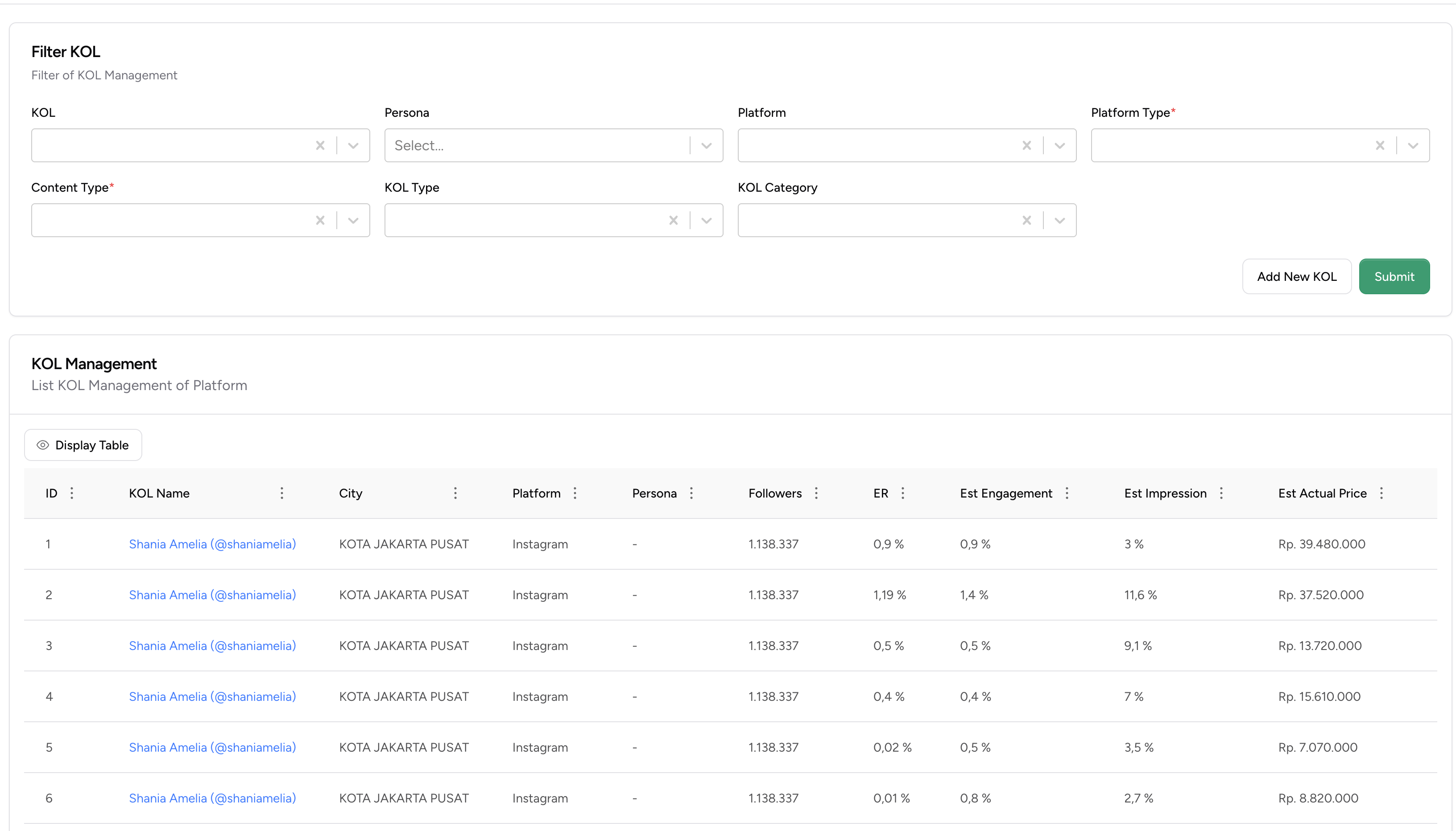 Tampilan Antarmuka KOL Generator