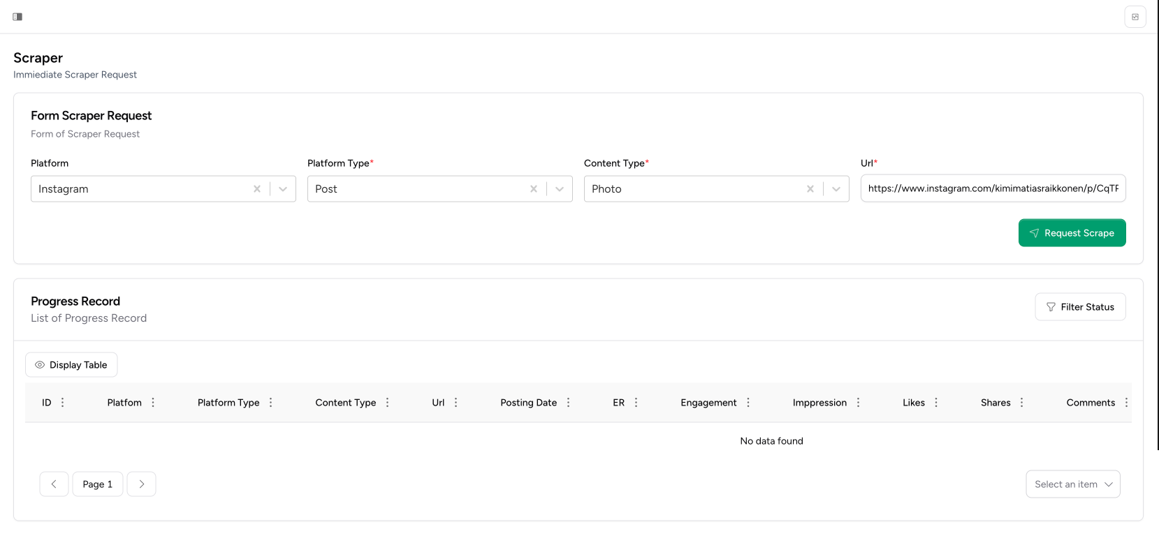 Tampilan Halaman Scraper SOW